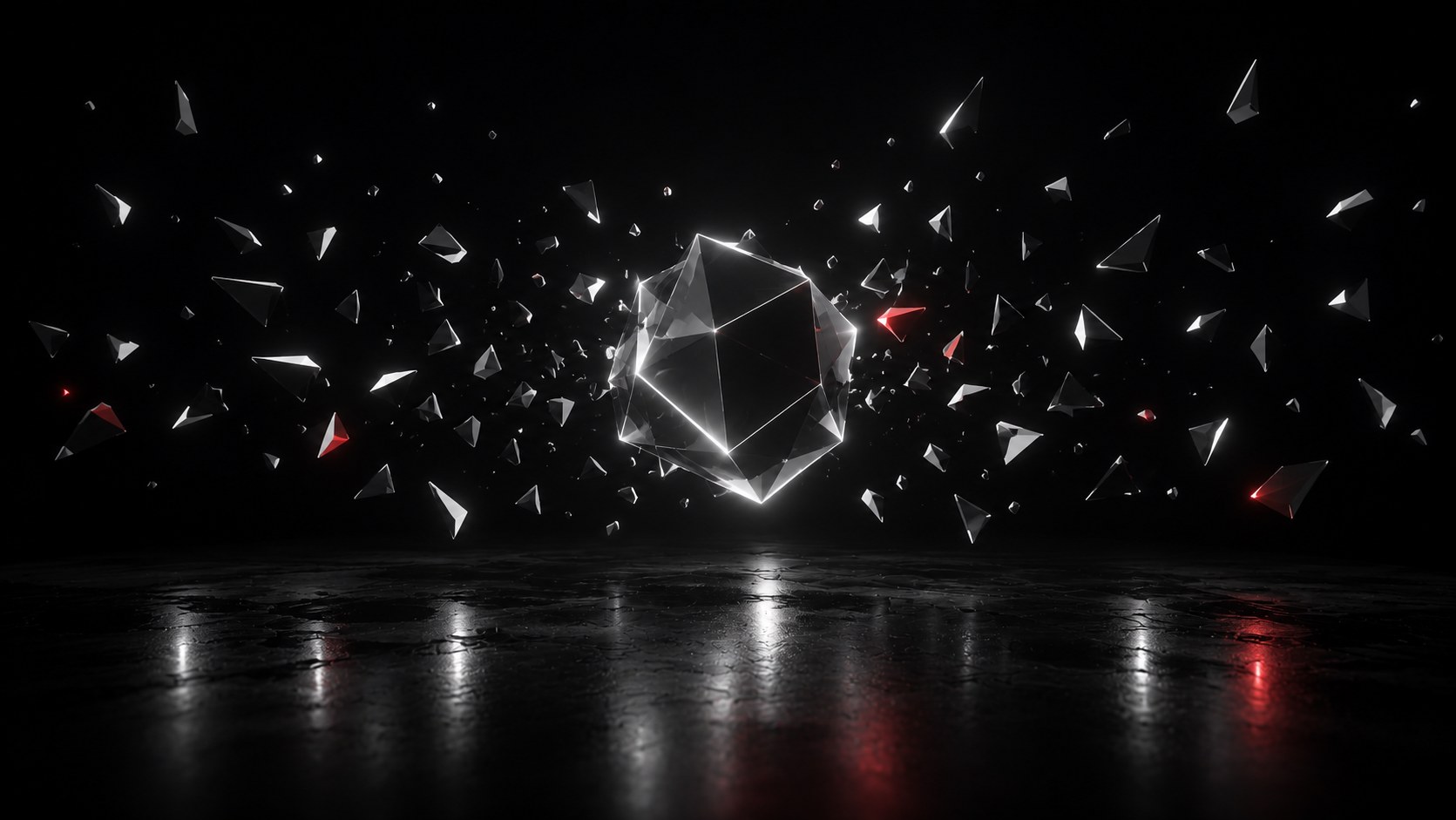 Abstract render of scattered fragments assembling into a single faceted core, representing complex technology delivered as one
