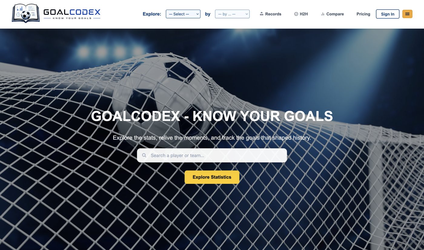 Screenshot of the GoalCodex website homepage